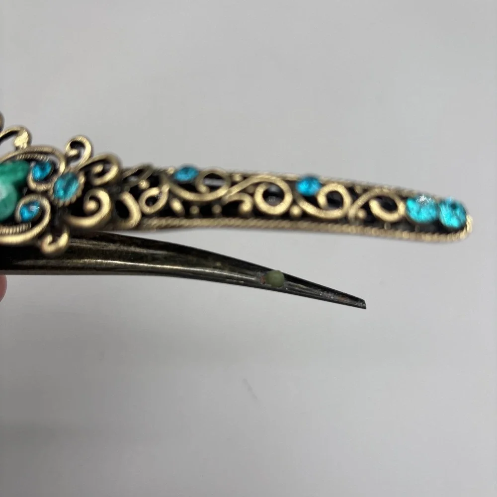Vintage Hair Clip Barrette Blue‎ Rhinestone Heart Pewter Metal 5